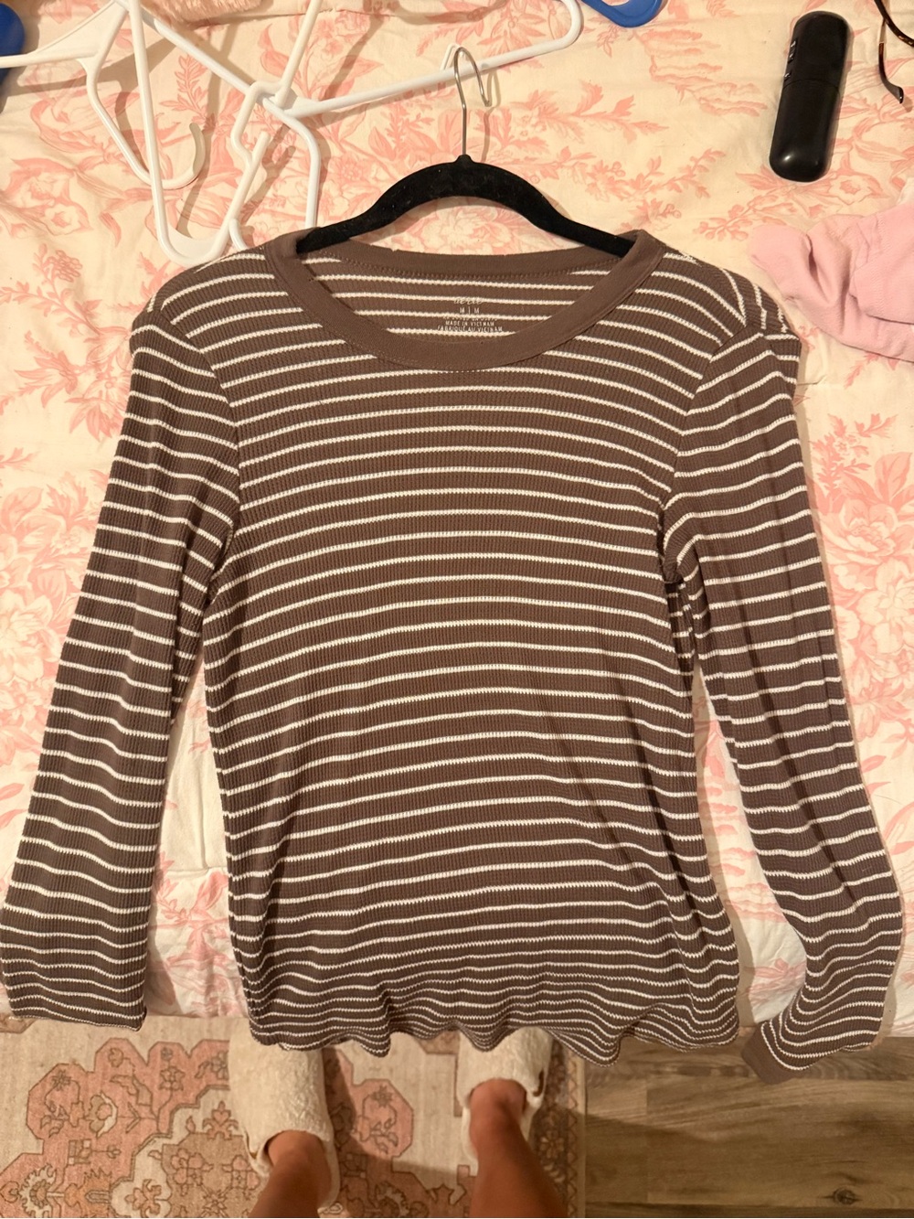 aerie Brown and White Striped Long-Sleeve Crewneck Top
